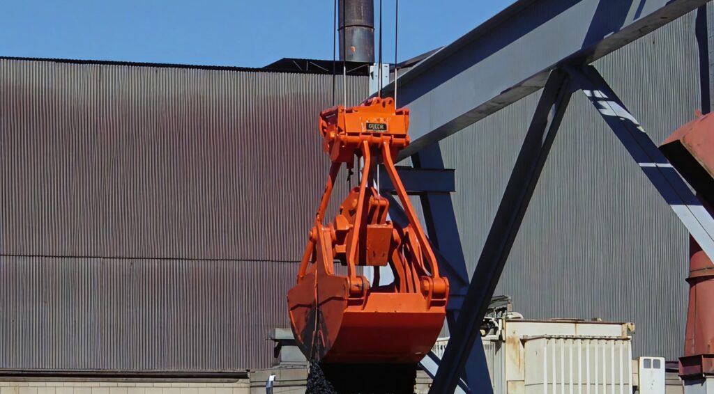 Below-the-hook clamshell grapple bucket suspended from overhead crane at industrial facility Below-the-hook clamshell grapple bucket suspended from overhead crane at industrial facility