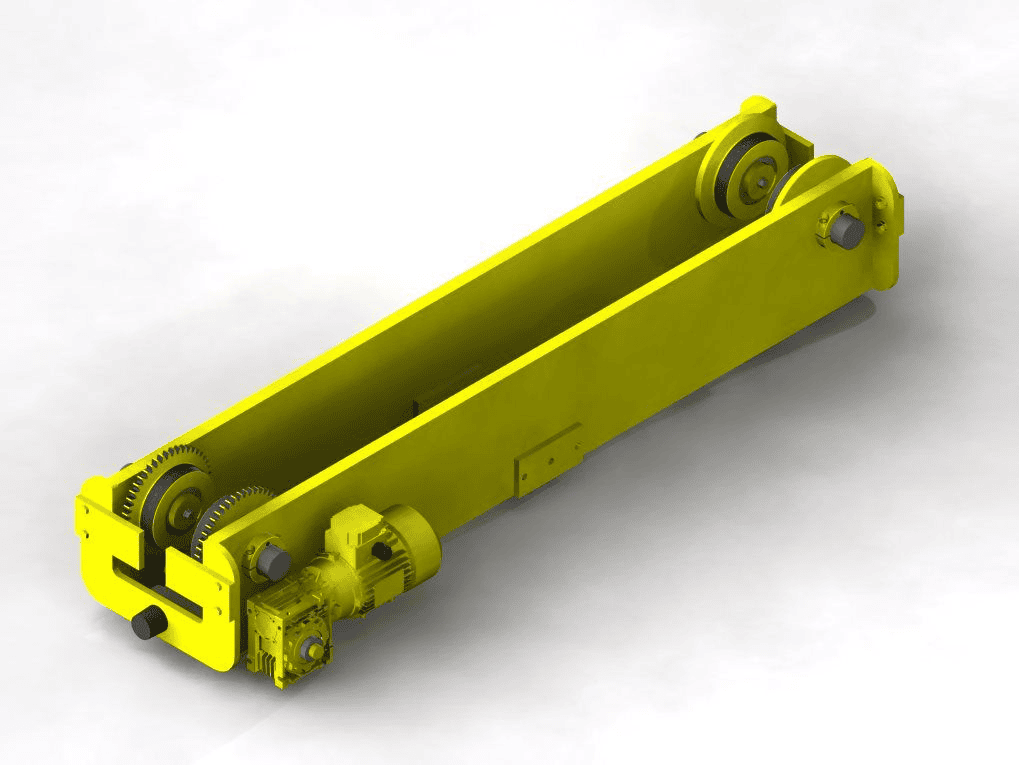 Yellow underhung end trucks with motors and gearboxes assembled in an industrial manufacturing facility, showing the wheeled frame and suspension components used for under-running crane systems Yellow underhung end trucks with motors and gearboxes assembled in an industrial manufacturing facility, showing the wheeled frame and suspension components used for under-running crane systems